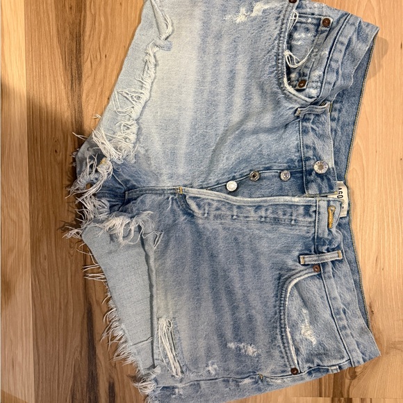 Agolde Light Blue Frayed Jean Shorts - Picture 2 of 5